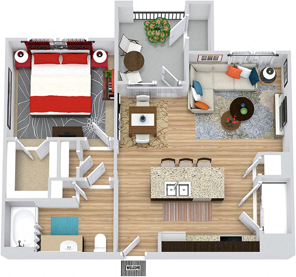 Floor plan for 1 bed, 1 bath, 725 sqft